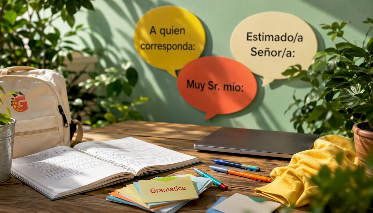 Workspace with Spanish salutation study materials
