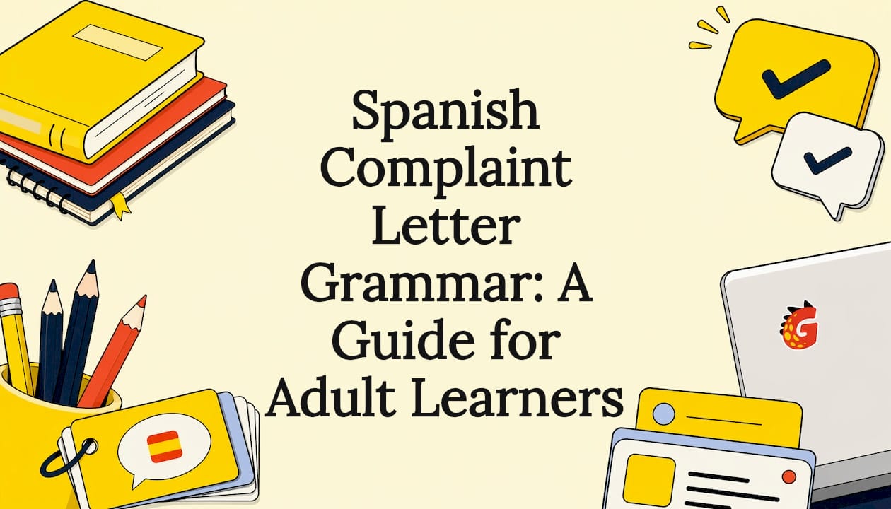 Decorative title card with Spanish grammar icons