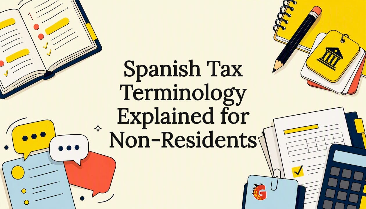 Decorative Spanish tax terminology title card illustration