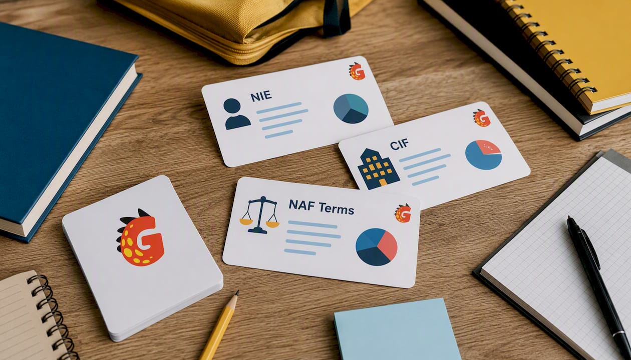 Flat vector illustration of Spanish tax flashcards with notebooks