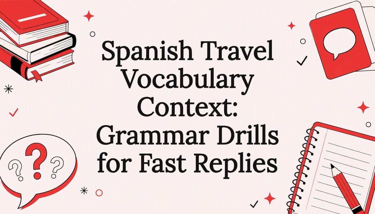 Decorative title card illustration for Spanish travel grammar article