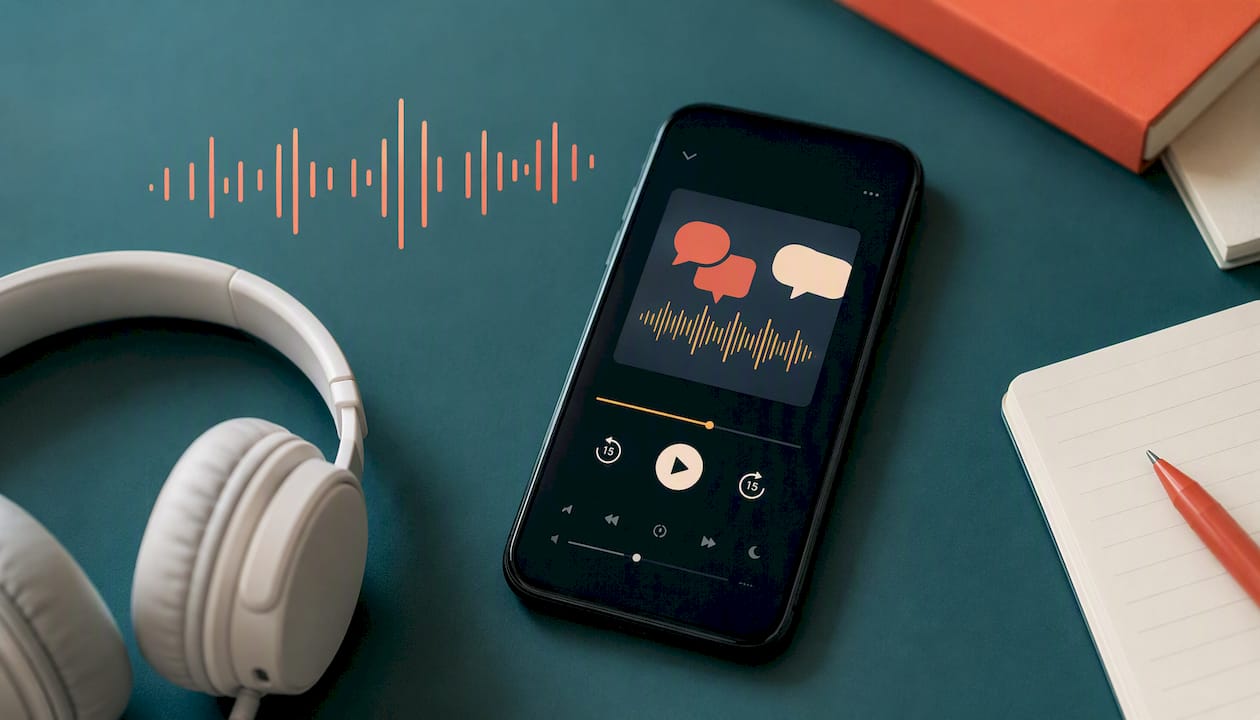 Illustration of podcast app and headphones for Spanish practice