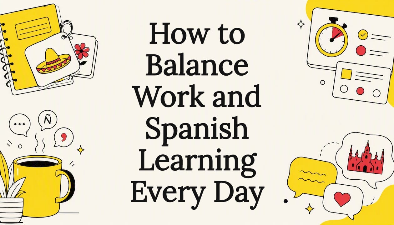 Decorative title card illustration for work and Spanish learning balance