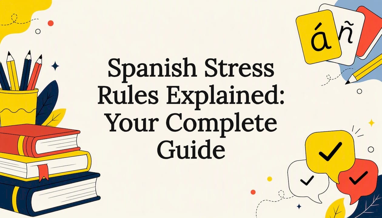 Decorative Spanish grammar title card illustration