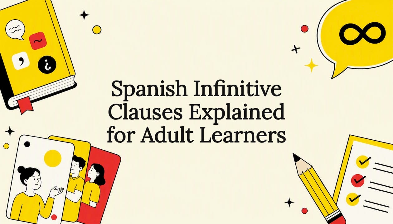 Decorative Spanish grammar title card illustration