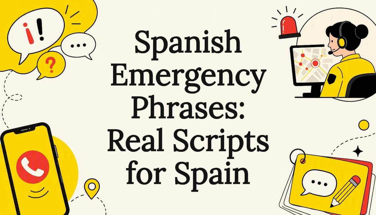 Decorative title card illustration of Spanish emergency phrases