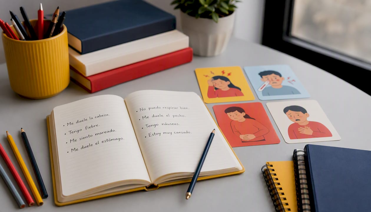 Flat illustration of Spanish medical emergency phrase study materials