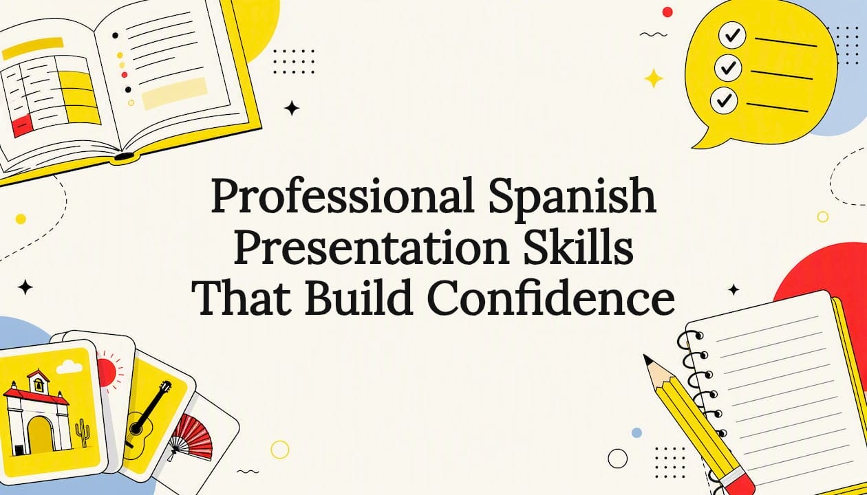 Decorative title card illustration for Spanish presentation skills