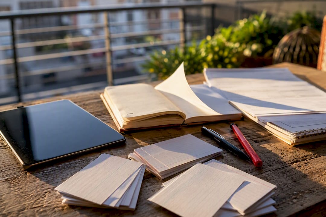 Spanish grammar study materials on desk