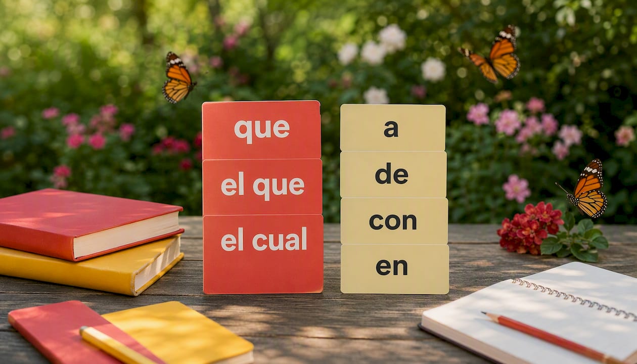 Spanish prepositions and relative pronouns study flashcards