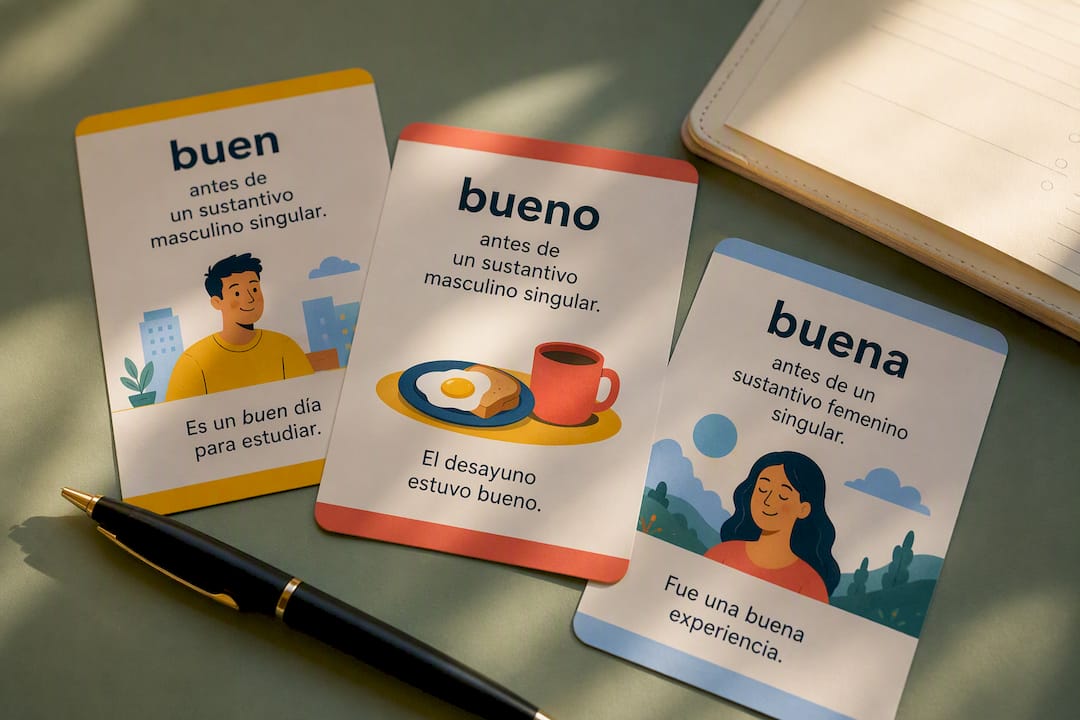 Flashcards showing Spanish adjective agreement examples