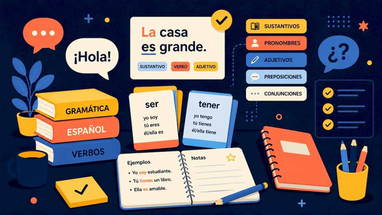 Spanish grammar flashcards and notebook on study desk