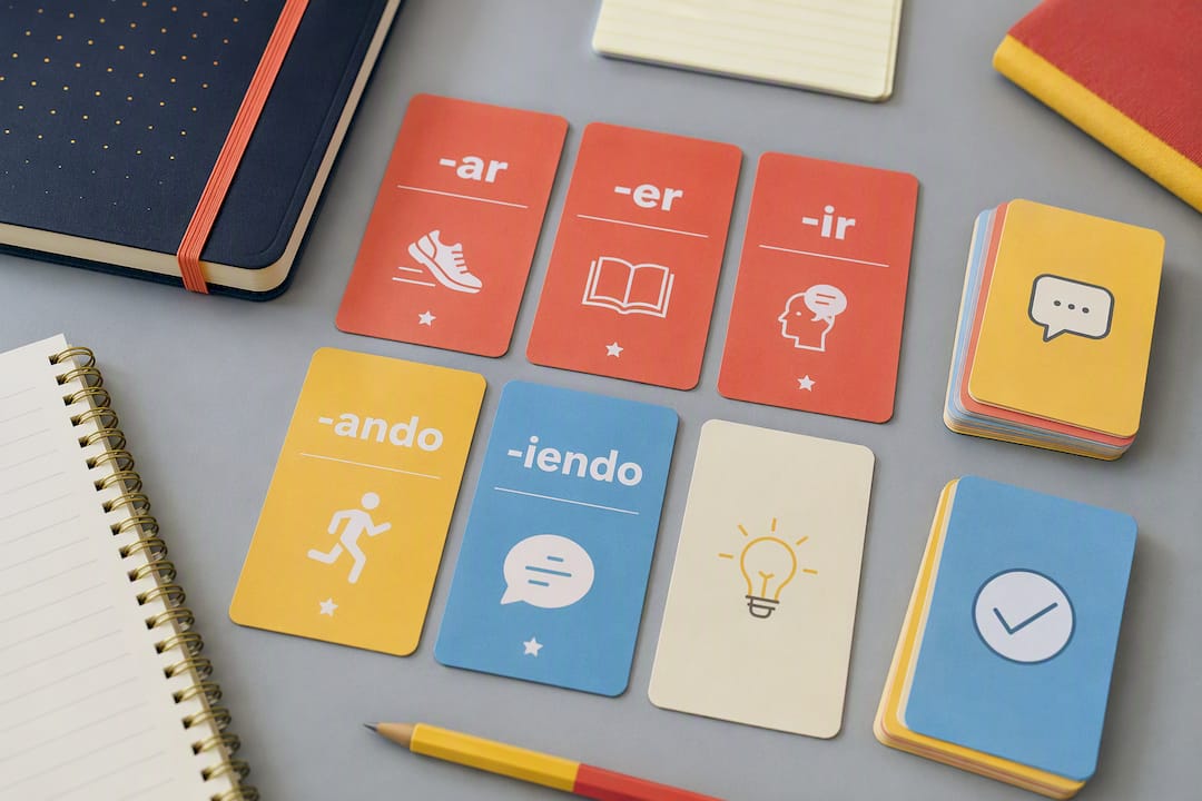 Flat vector of Spanish gerundio conjugation flashcards