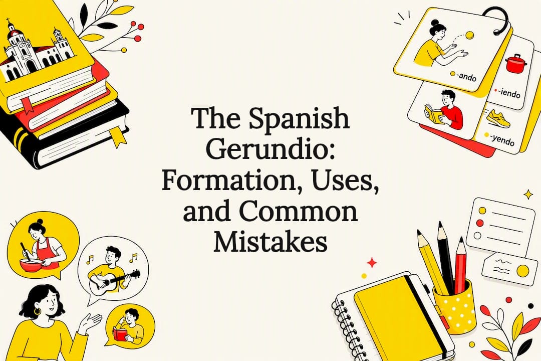 Decorative title card illustration for Spanish gerundio article