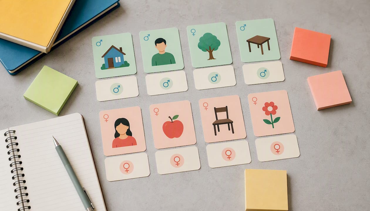 Overhead view of Spanish grammar flashcards and notes