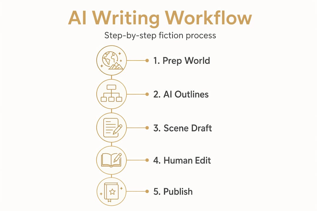 Infographic showing step-by-step AI fiction workflow
