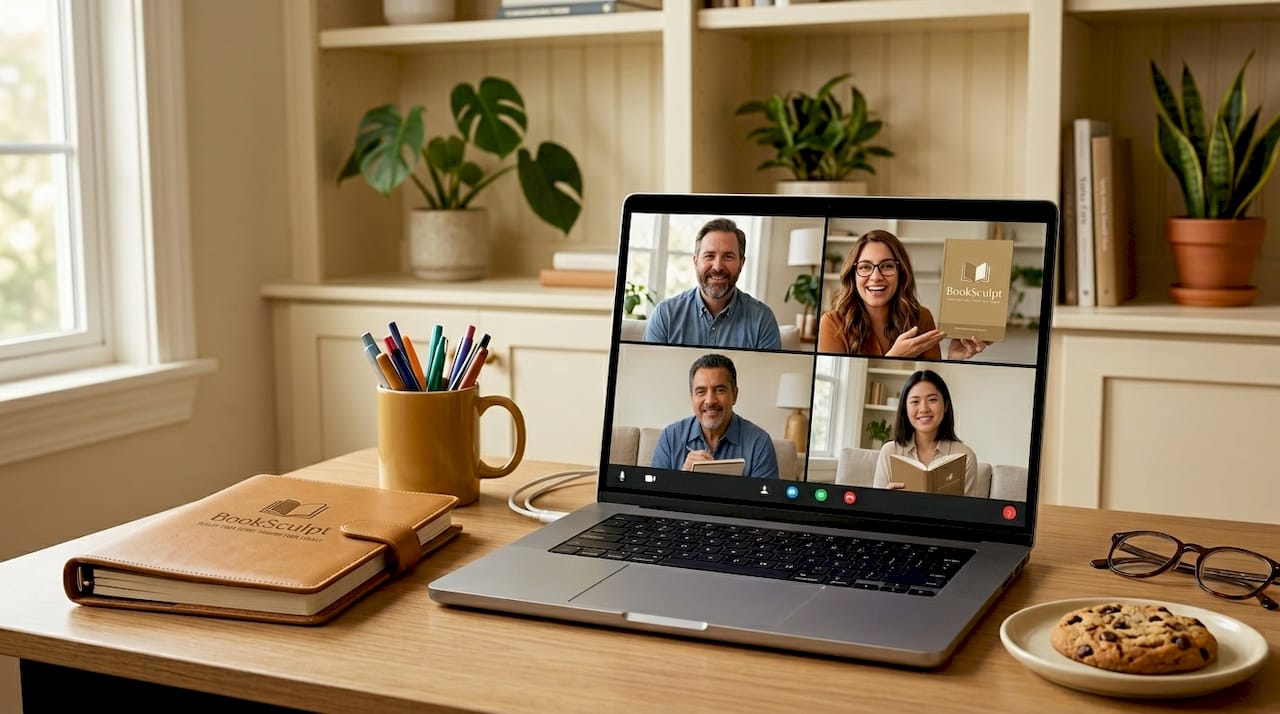 Virtual team discussing book launch logistics