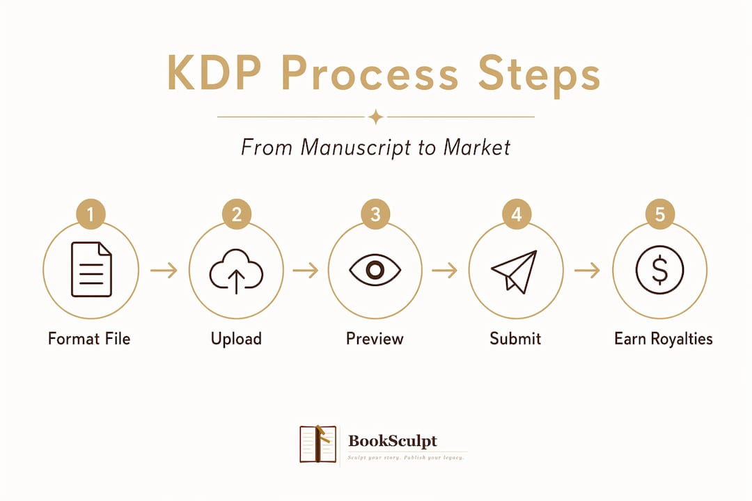 Infographic showing main steps in KDP publishing process