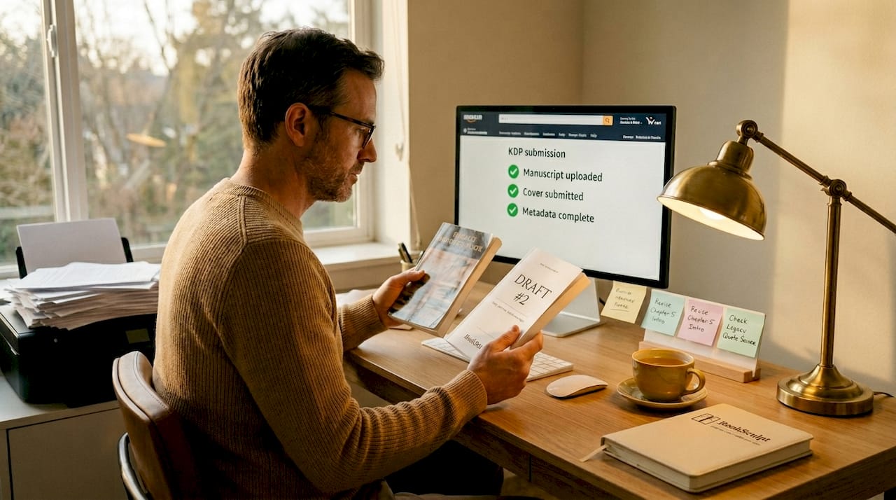 Author compares paperback proofs at home office desk