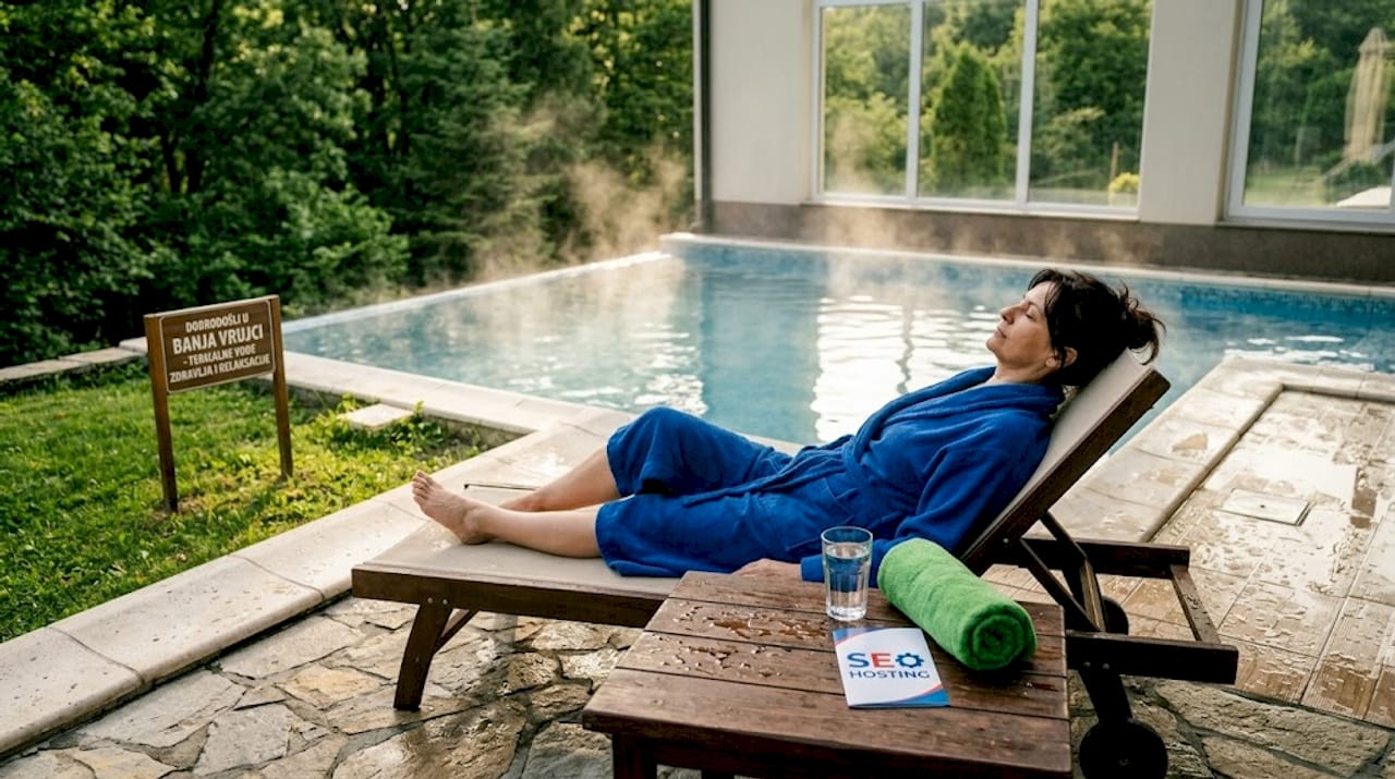 Žena opušteno uživa pored termalne vode u hotelskom bazenu.