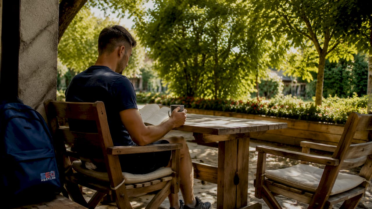 Prijatan stan sa gostom koji uživa u čitanju pored kuhinje.