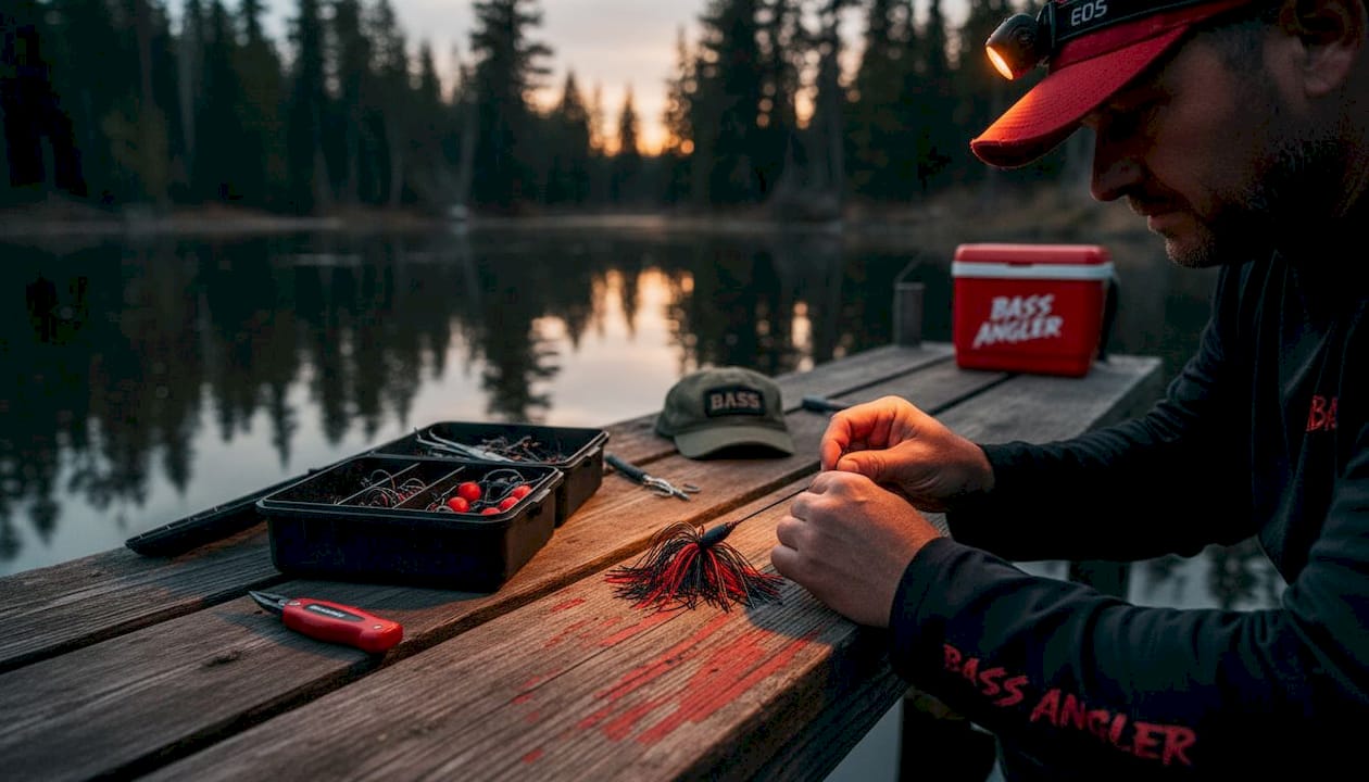 Hands rigging a bass fishing jig setup