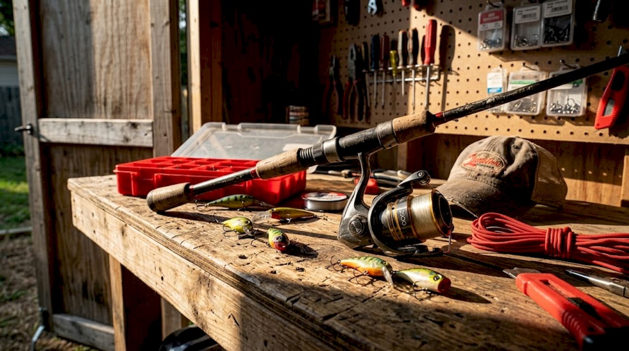 Spinning rod and reel staged in home garage