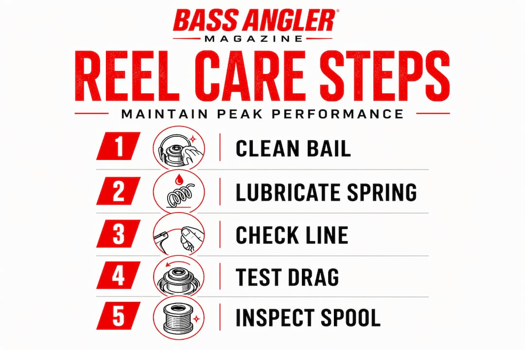 Infographic showing spinning reel maintenance steps