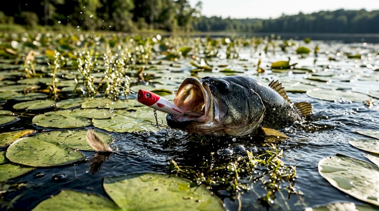 Bass striking popper lure near lily pads