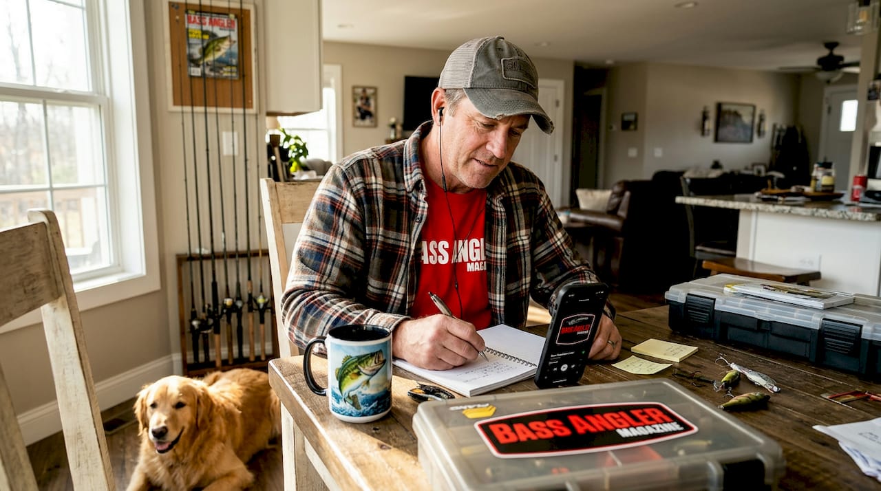 Angler taking fishing podcast notes at kitchen table