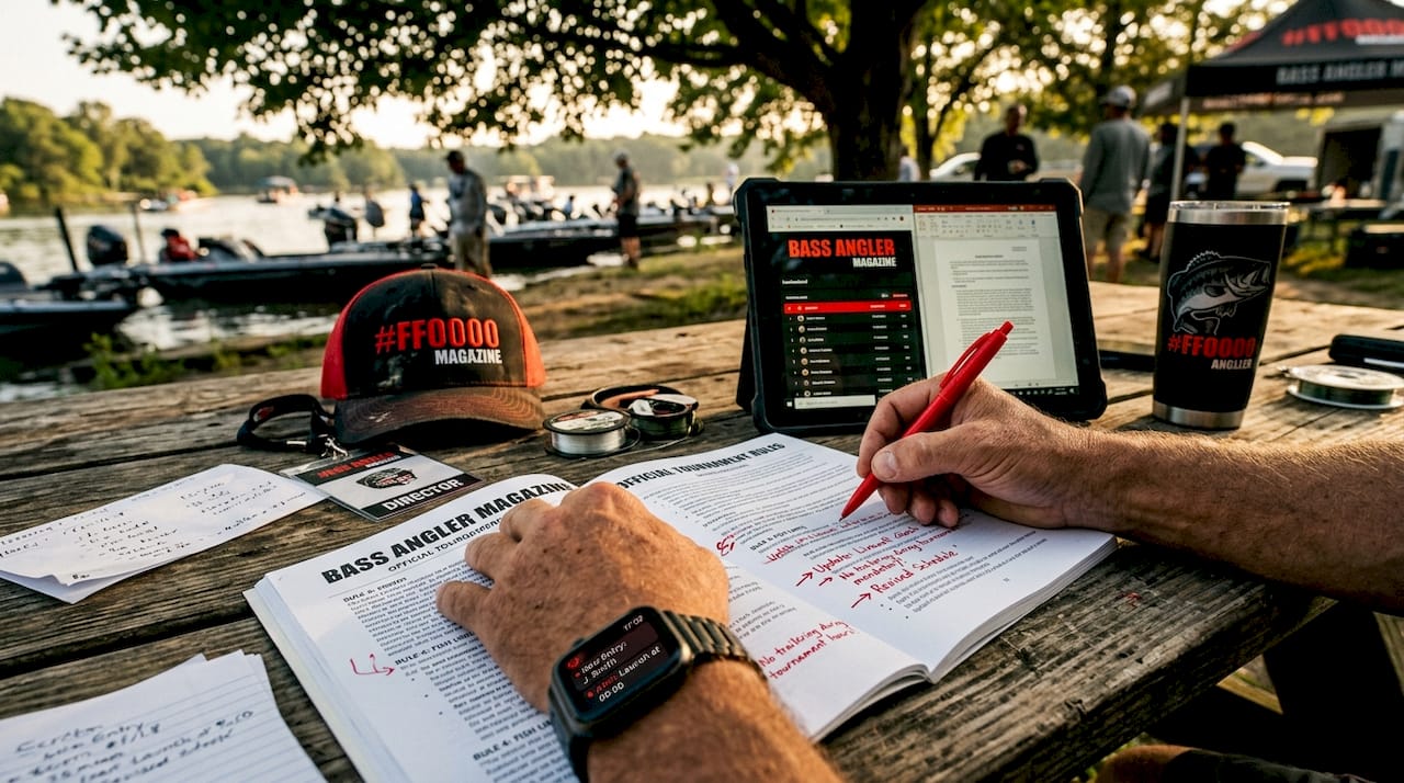 Tournament director writing fishing tournament rules indoors