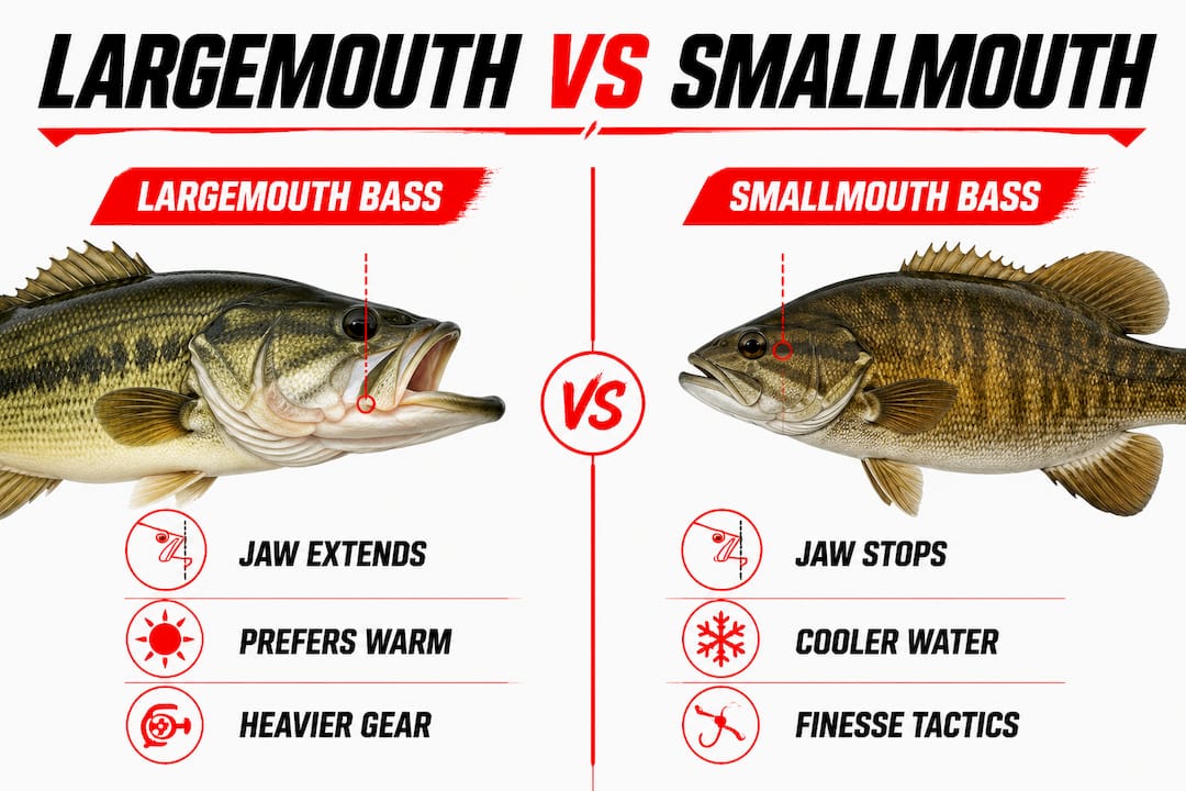 Infographic comparing key traits of largemouth and smallmouth bass