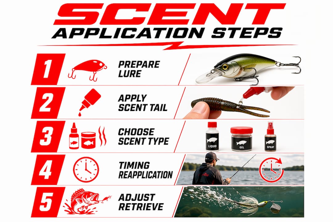 Infographic illustrating steps for bass fishing scent application