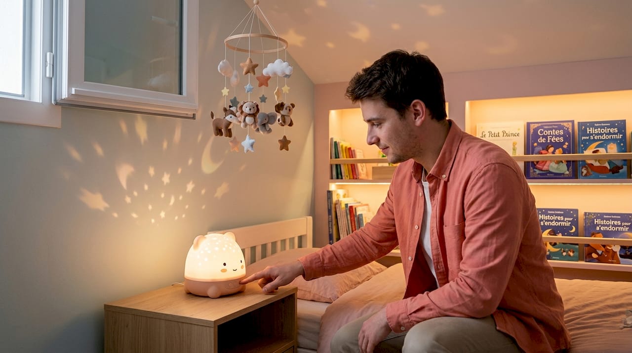 Un papa installe la veilleuse étoilée pour son enfant avant le coucher.