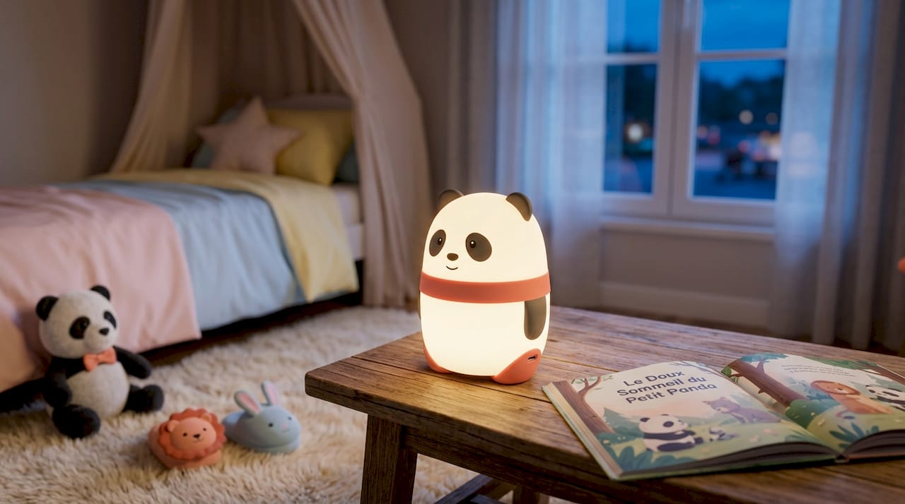 Veilleuse panda rechargeable posée sur la commode