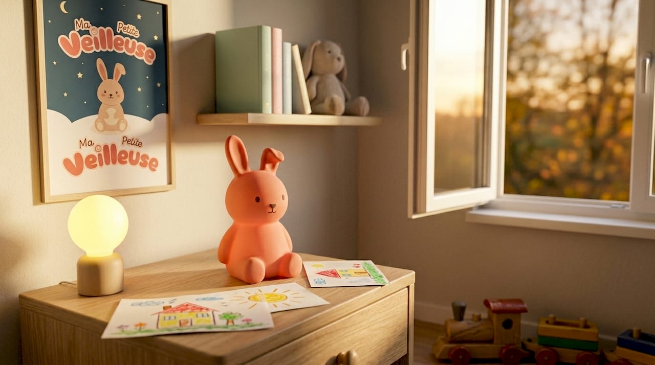 Une veilleuse en forme de lapin en silicone posée sur la table de chevet d’un enfant.