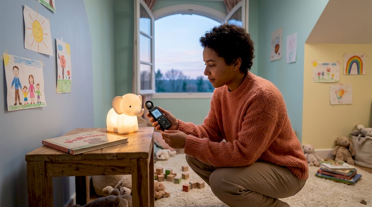 Un parent vérifie si la veilleuse en forme d’animal n’éclaire pas trop dans la chambre.