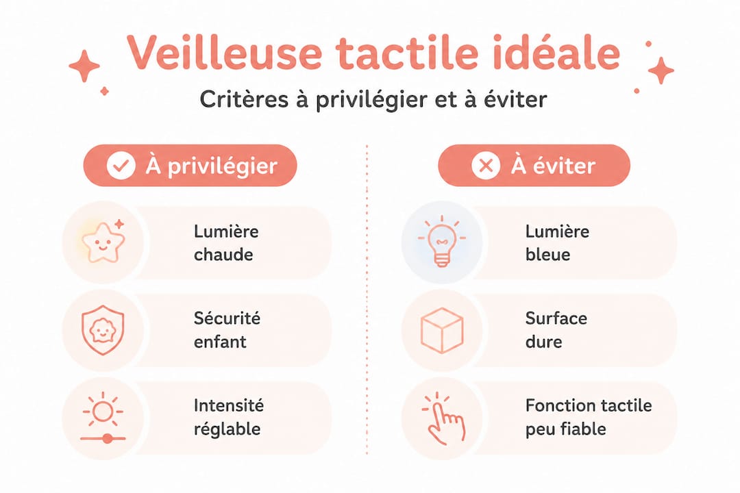 Infographie : les critères essentiels pour bien choisir une veilleuse tactile pour enfant