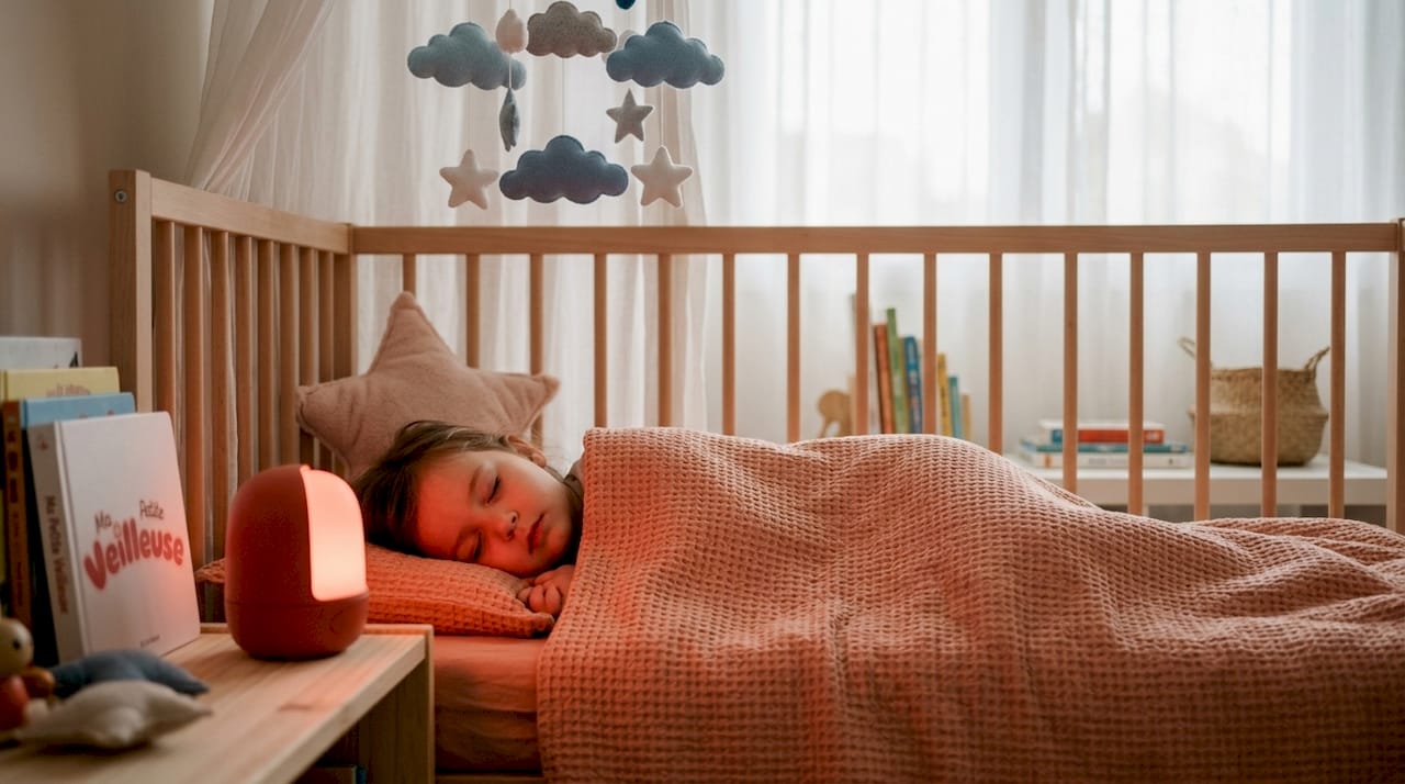 Un enfant dort paisiblement dans sa chambre, éclairée par une veilleuse rouge.