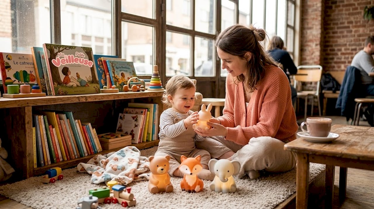 Un parent et son enfant prennent le temps de choisir ensemble une veilleuse en forme d’animal, pour rendre la chambre plus douce et rassurante.