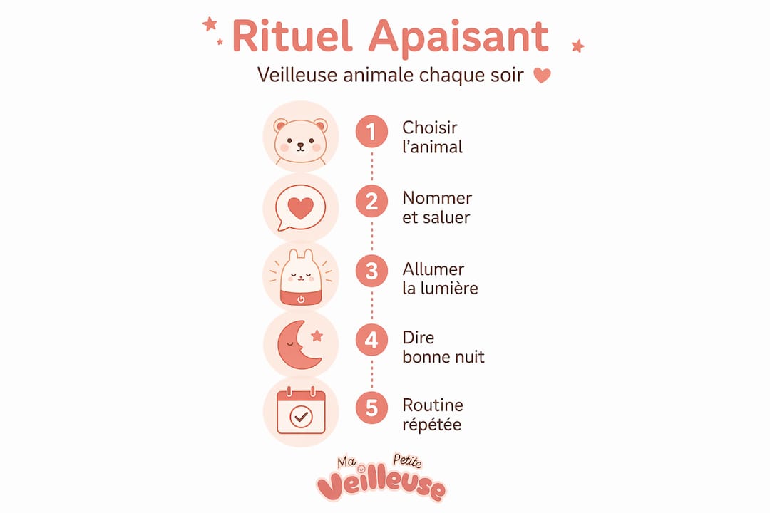 Infographie : les étapes d’un rituel apaisant avec une veilleuse animaux