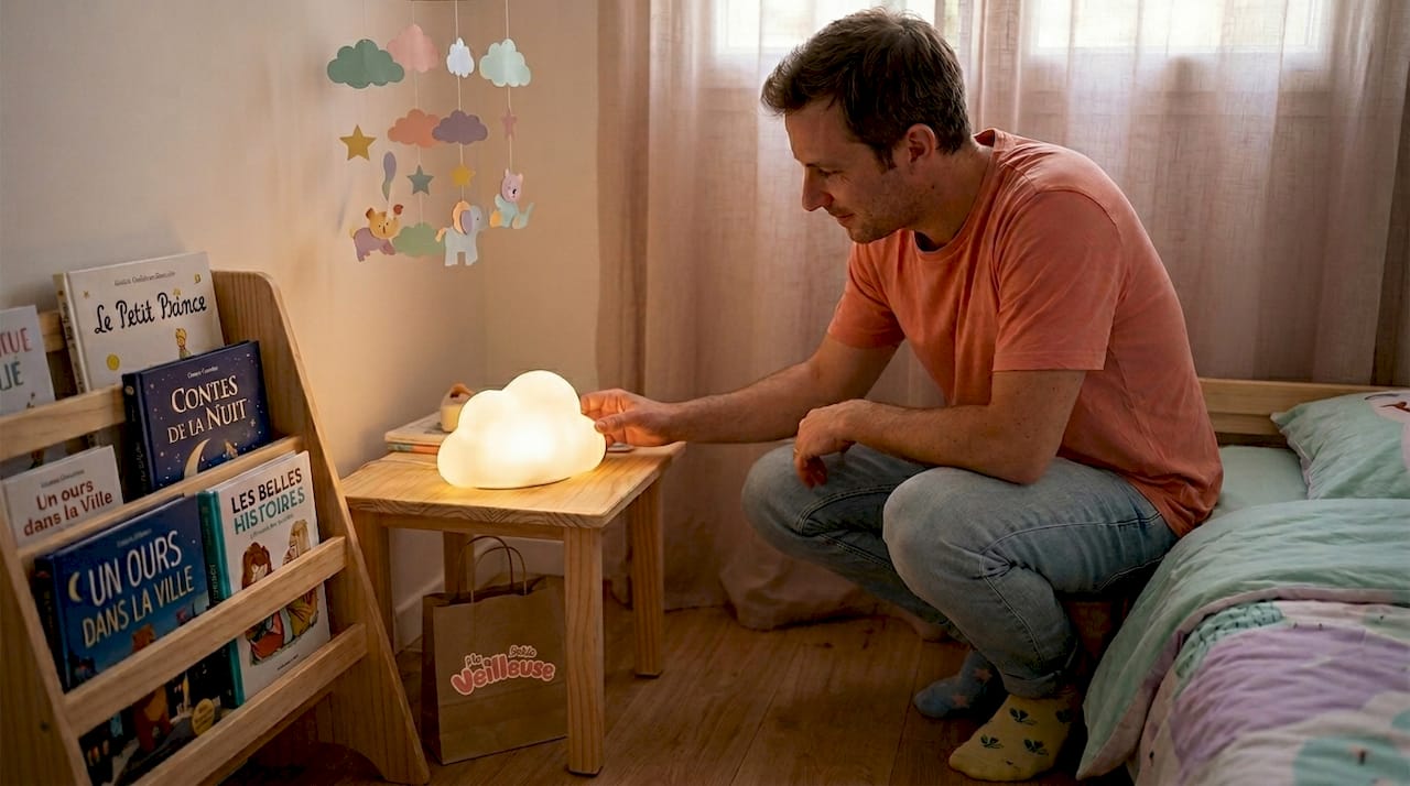 Un papa vérifie que la veilleuse de la chambre de son enfant fonctionne bien pour assurer une nuit paisible.
