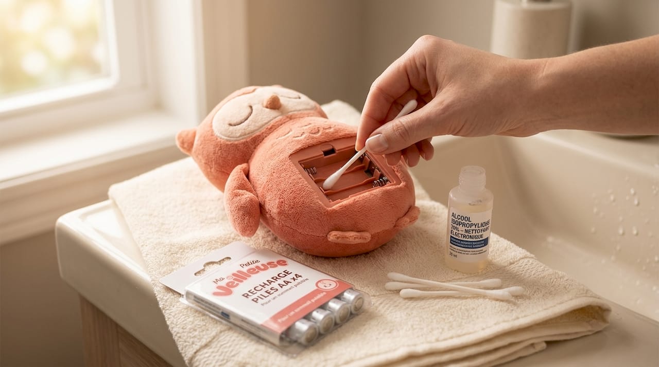 Comment nettoyer le compartiment à piles de la veilleuse peluche