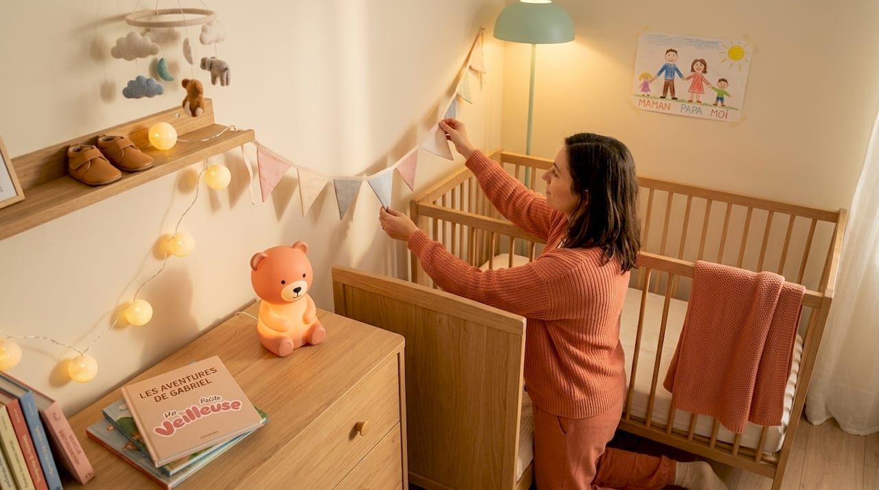 Une maman prend soin d’aménager la chambre de bébé en ajoutant des guirlandes lumineuses et une veilleuse pour créer une ambiance douce et rassurante.