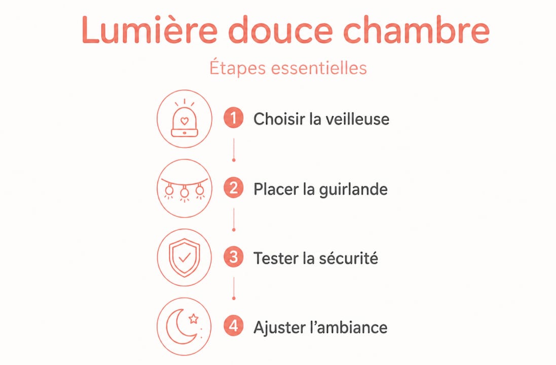Infographie : les étapes clés pour installer une veilleuse et une guirlande lumineuse