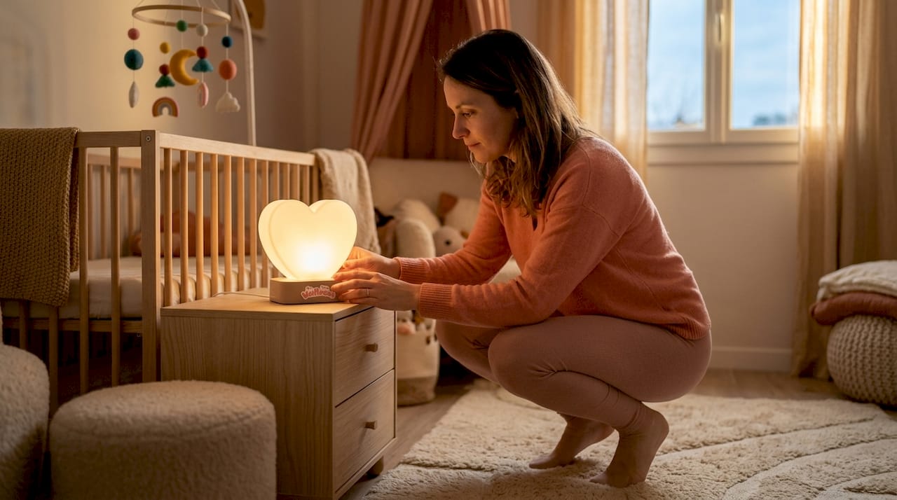 Une maman veille à la sécurité de son bébé en réglant la veilleuse dans sa chambre.