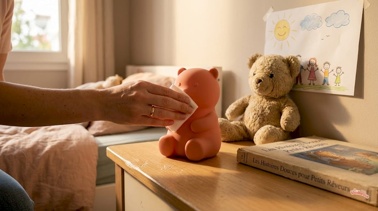 Un parent nettoie une veilleuse en silicone dans la chambre d’un enfant