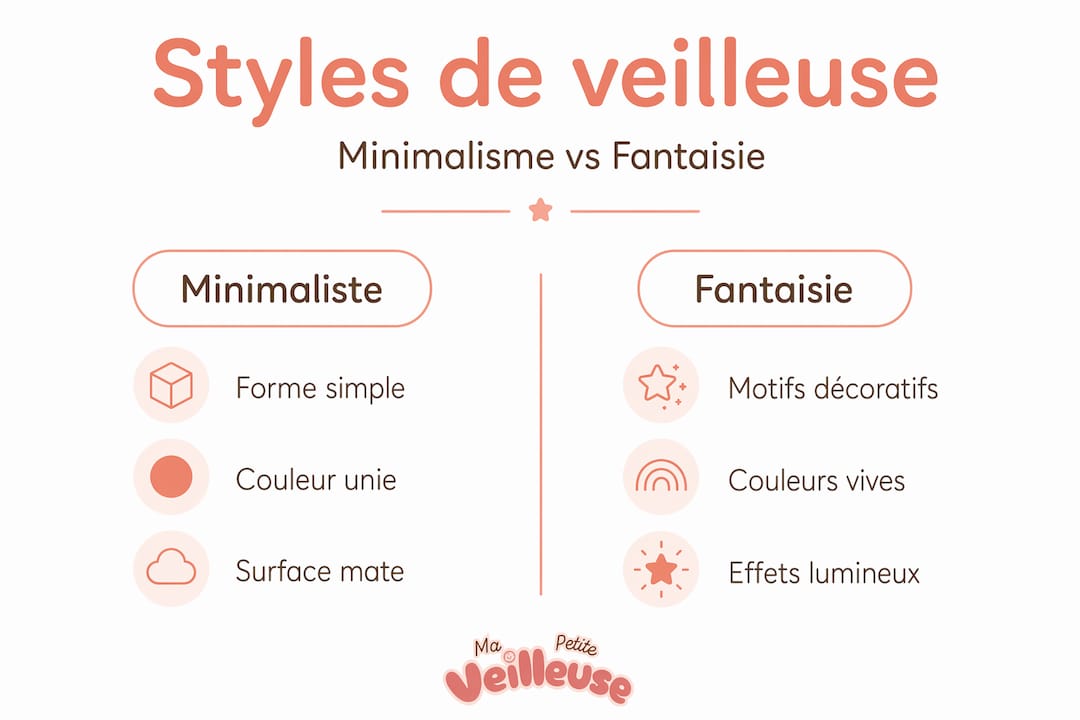 Découvrez notre infographie qui met en parallèle les veilleuses minimalistes et fantaisistes : deux styles pour illuminer vos nuits, à vous de choisir celui qui correspond le mieux à votre univers !