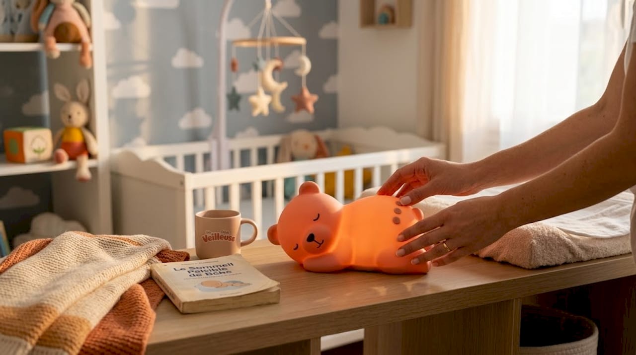 La veilleuse en silicone diffuse sa lumière douce, une main vient la régler.
