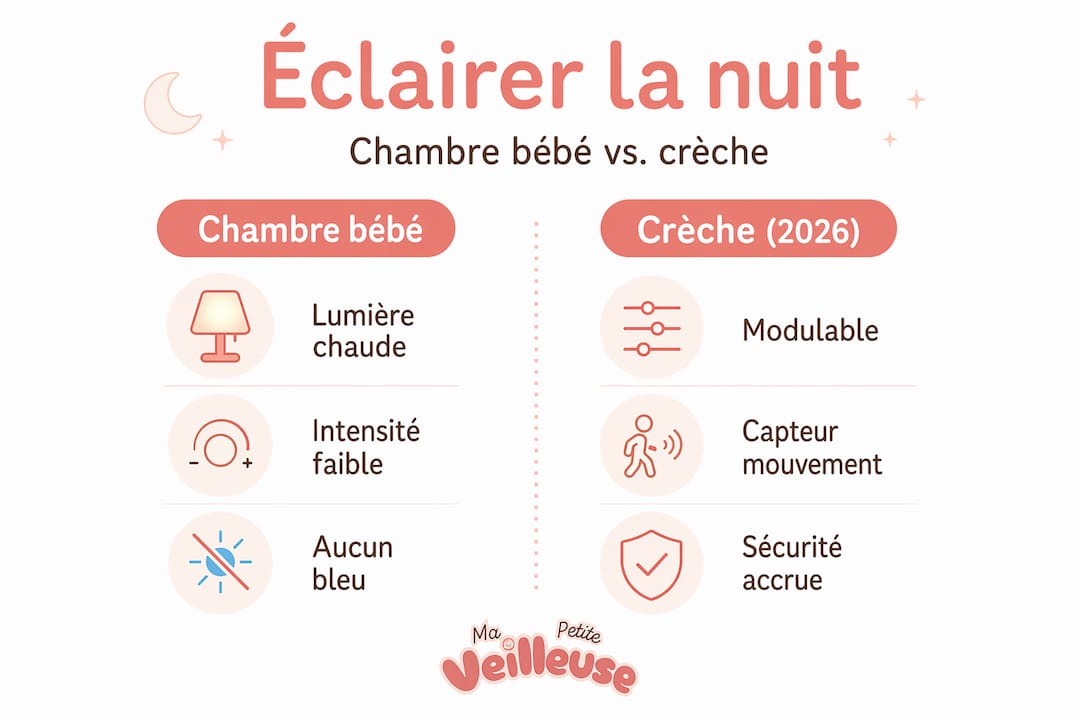 Infographie : différences entre l’aménagement d’une chambre de bébé à la maison et les normes en vigueur dans les crèches